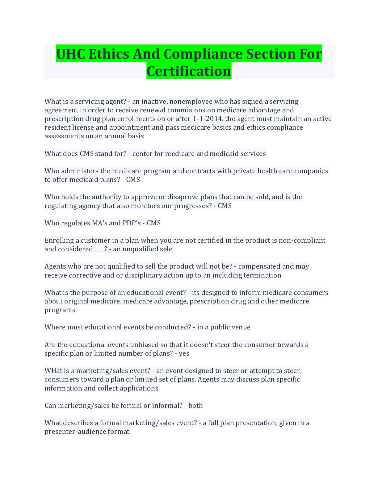 United HealthCare Ethics and Compliance (UHC) Study Guide Bundle